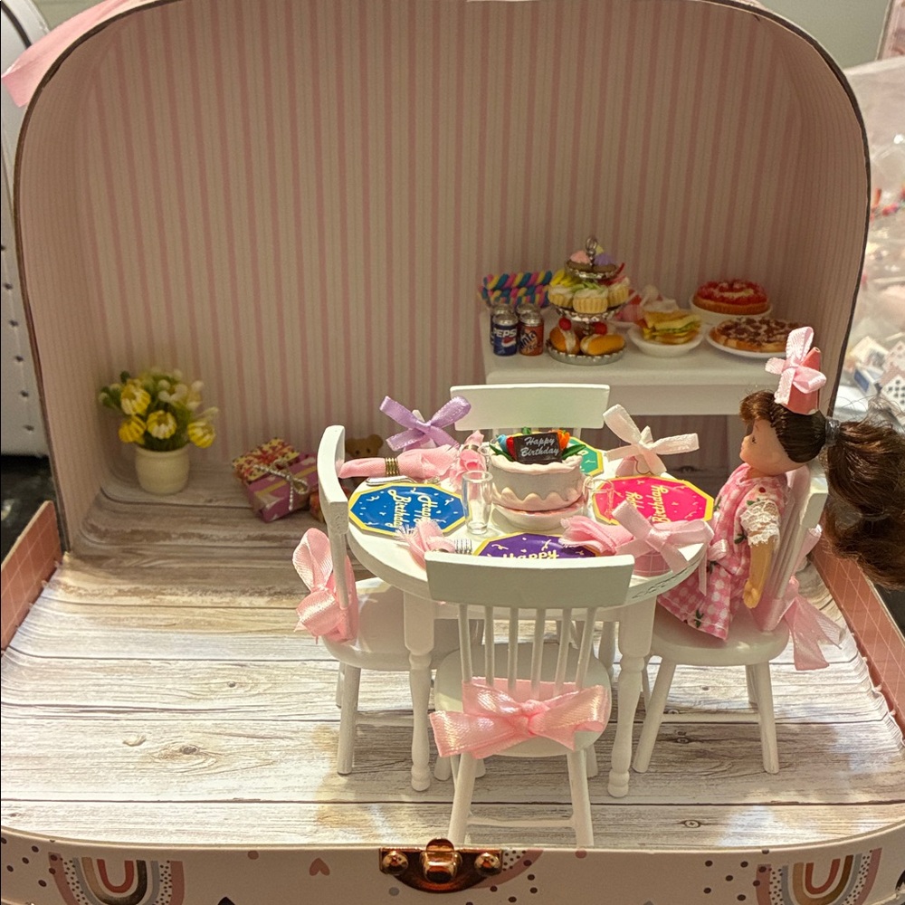 Miniature Dollhouse Dining Set with Pink Accents ,homemade